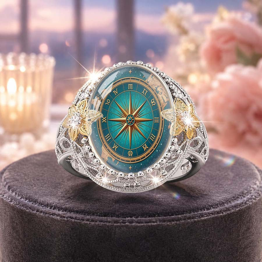 Teal Compass & Floral Statement Ring