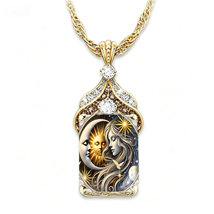 Celestial Sun & Moon Rectangle Pendant Necklace