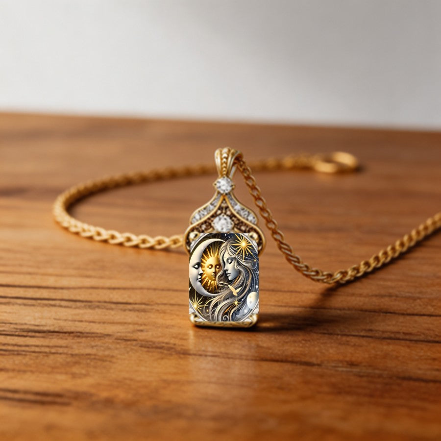 Celestial Sun & Moon Rectangle Pendant Necklace