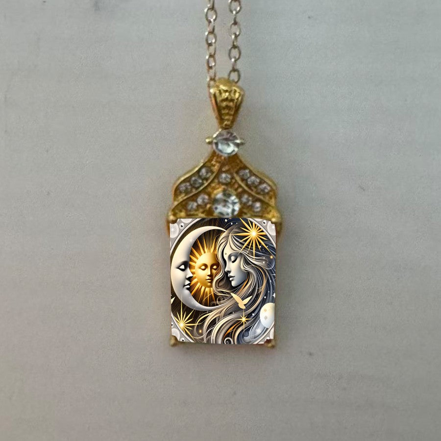 Celestial Sun & Moon Rectangle Pendant Necklace