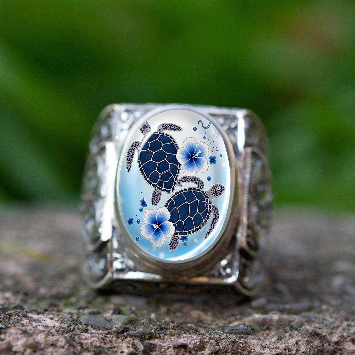 Sea Turtle & Hibiscus Oval Ring