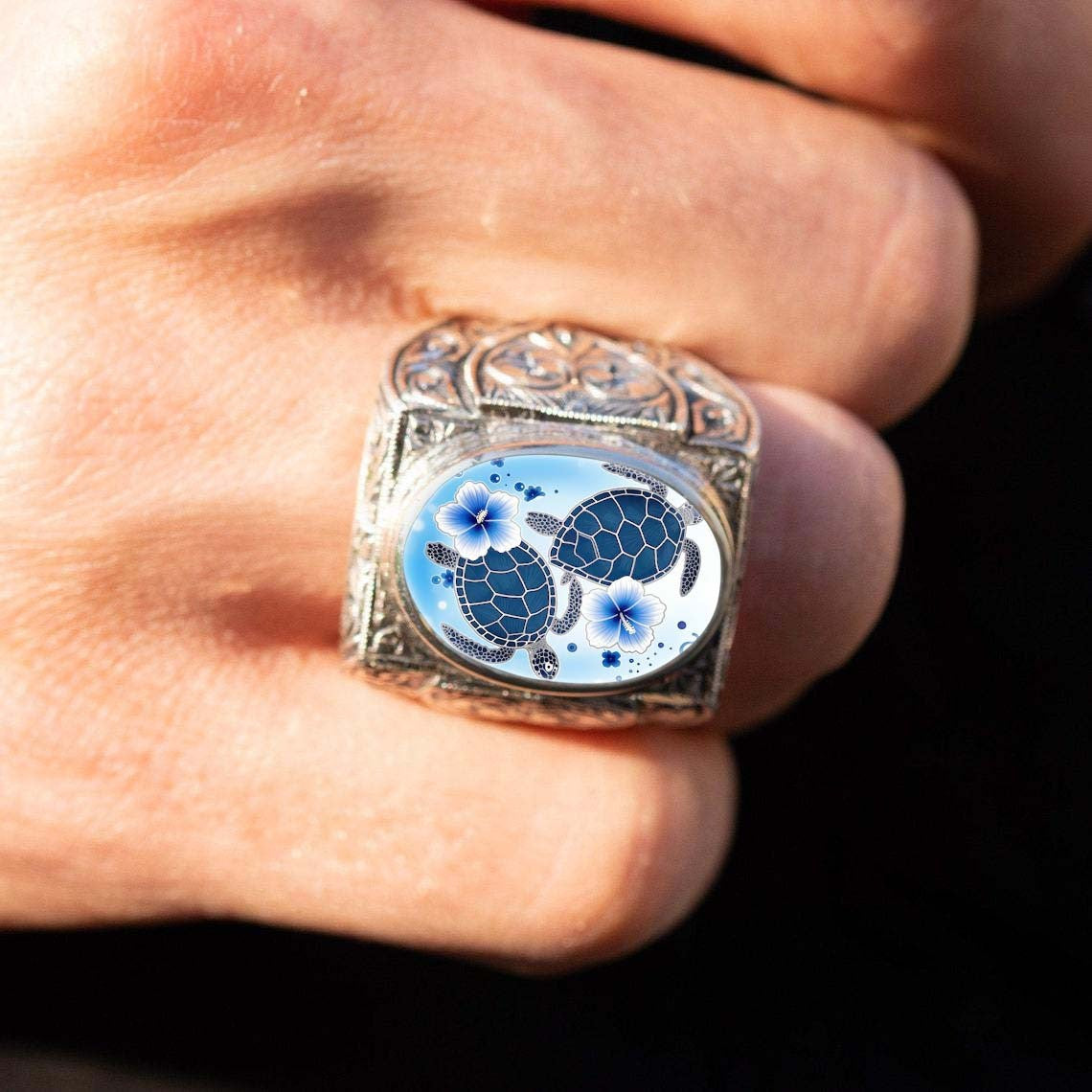Sea Turtle & Hibiscus Oval Ring