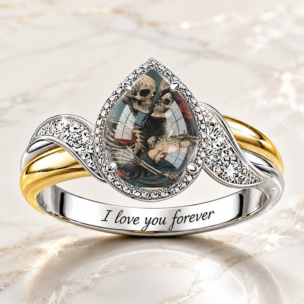 Engraved Skeleton Couple Bypass Ring