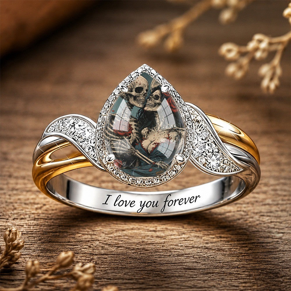 Engraved Skeleton Couple Bypass Ring