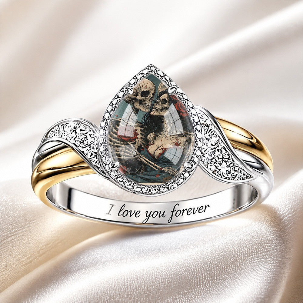 Engraved Skeleton Couple Bypass Ring