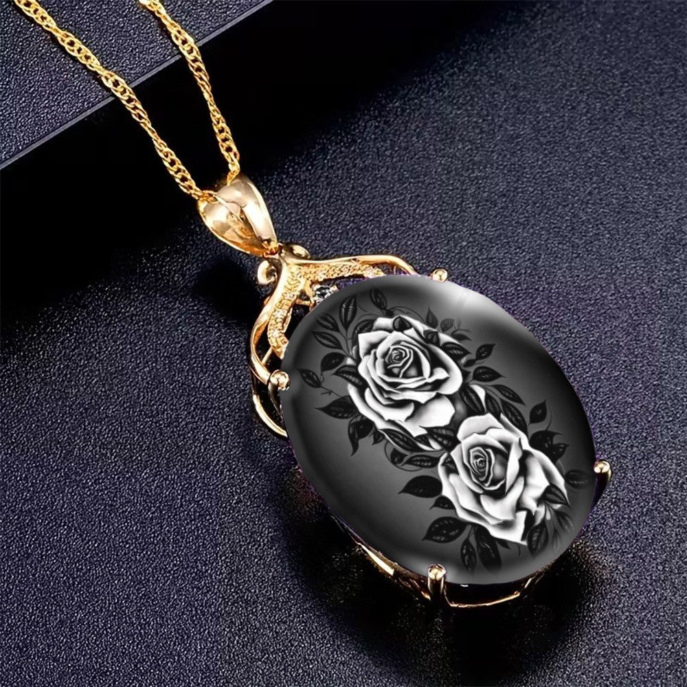 White Rose Oval Pendant Necklace