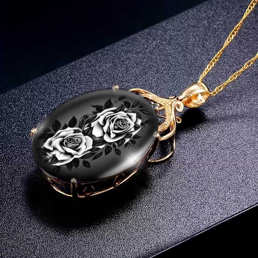 White Rose Oval Pendant Necklace
