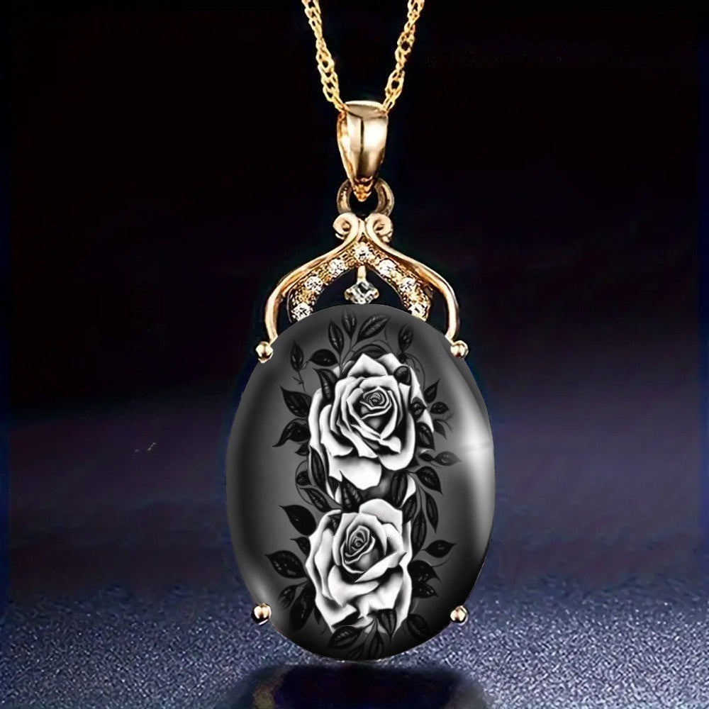 White Rose Oval Pendant Necklace