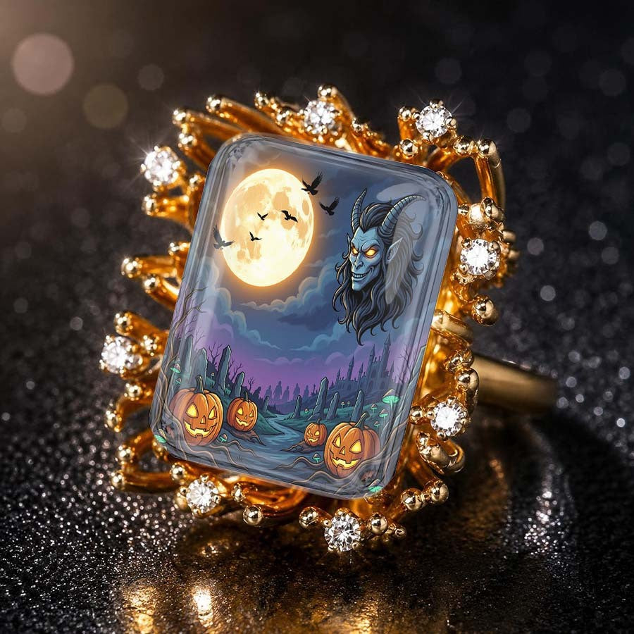 Gothic Moon & Pumpkin Ring