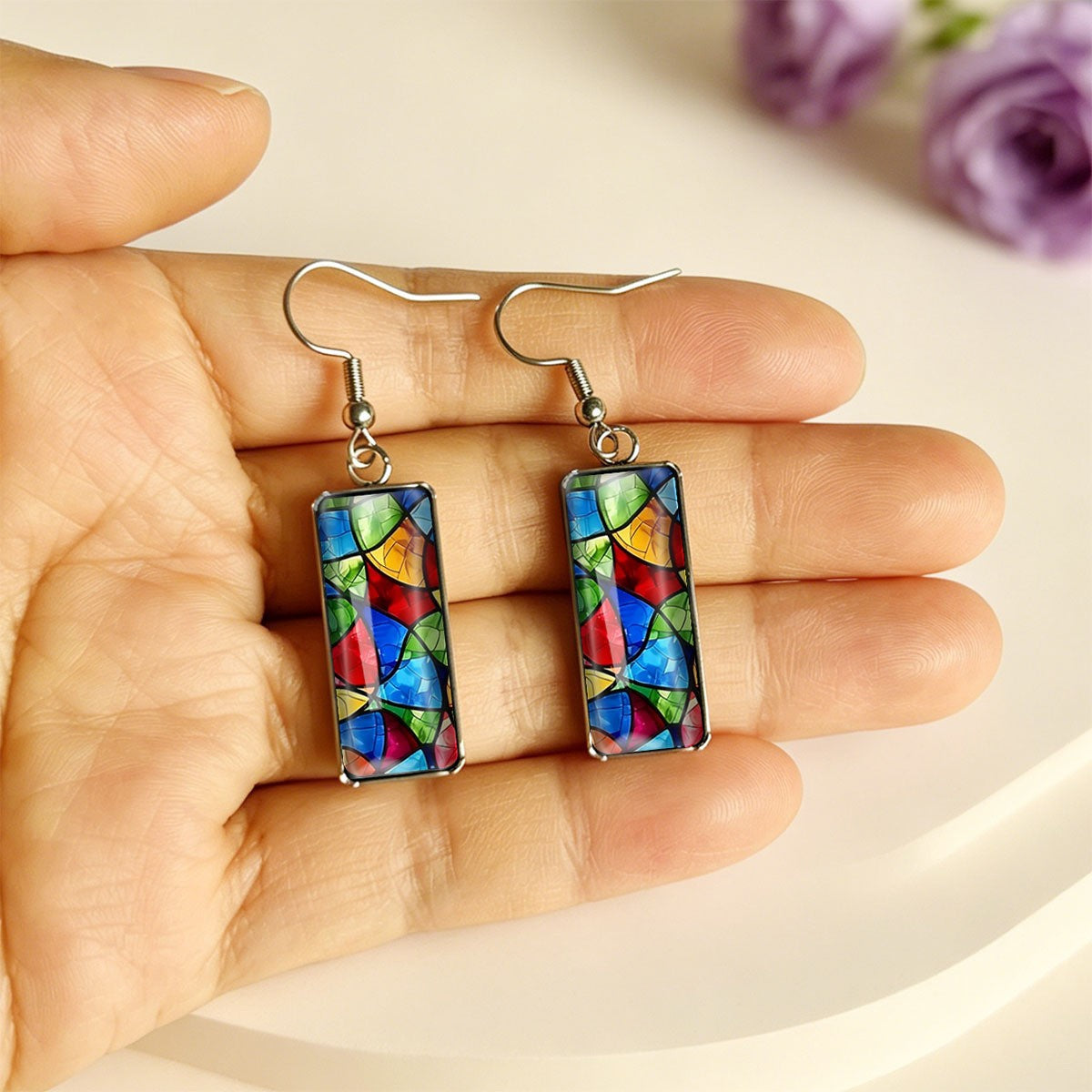 Stained Glass Rectangle Earrings