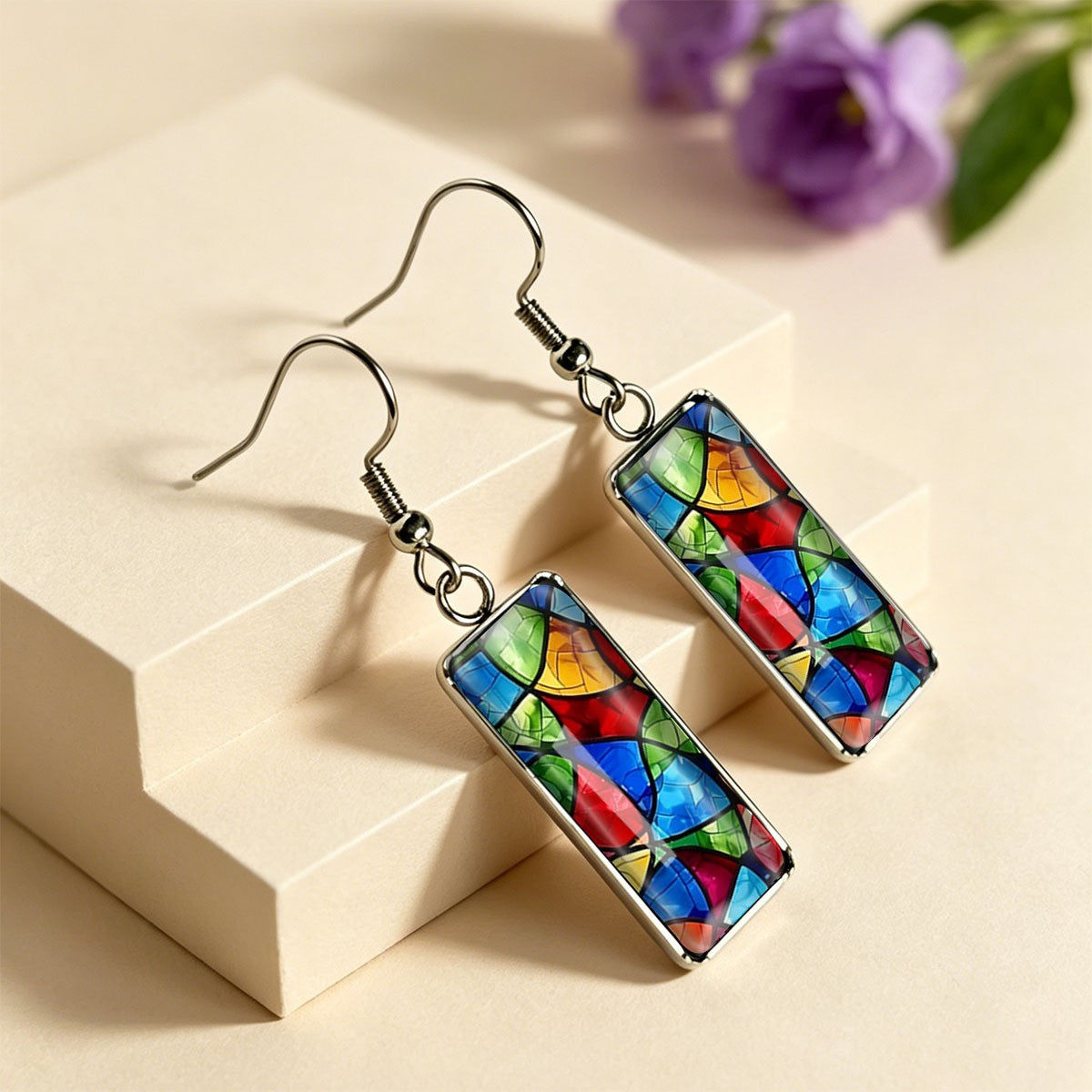 Stained Glass Rectangle Earrings
