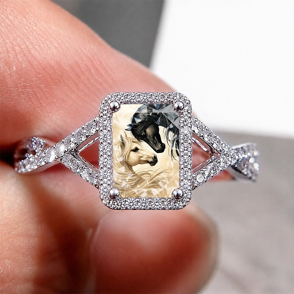 Black & White Horse Portrait Square Ring