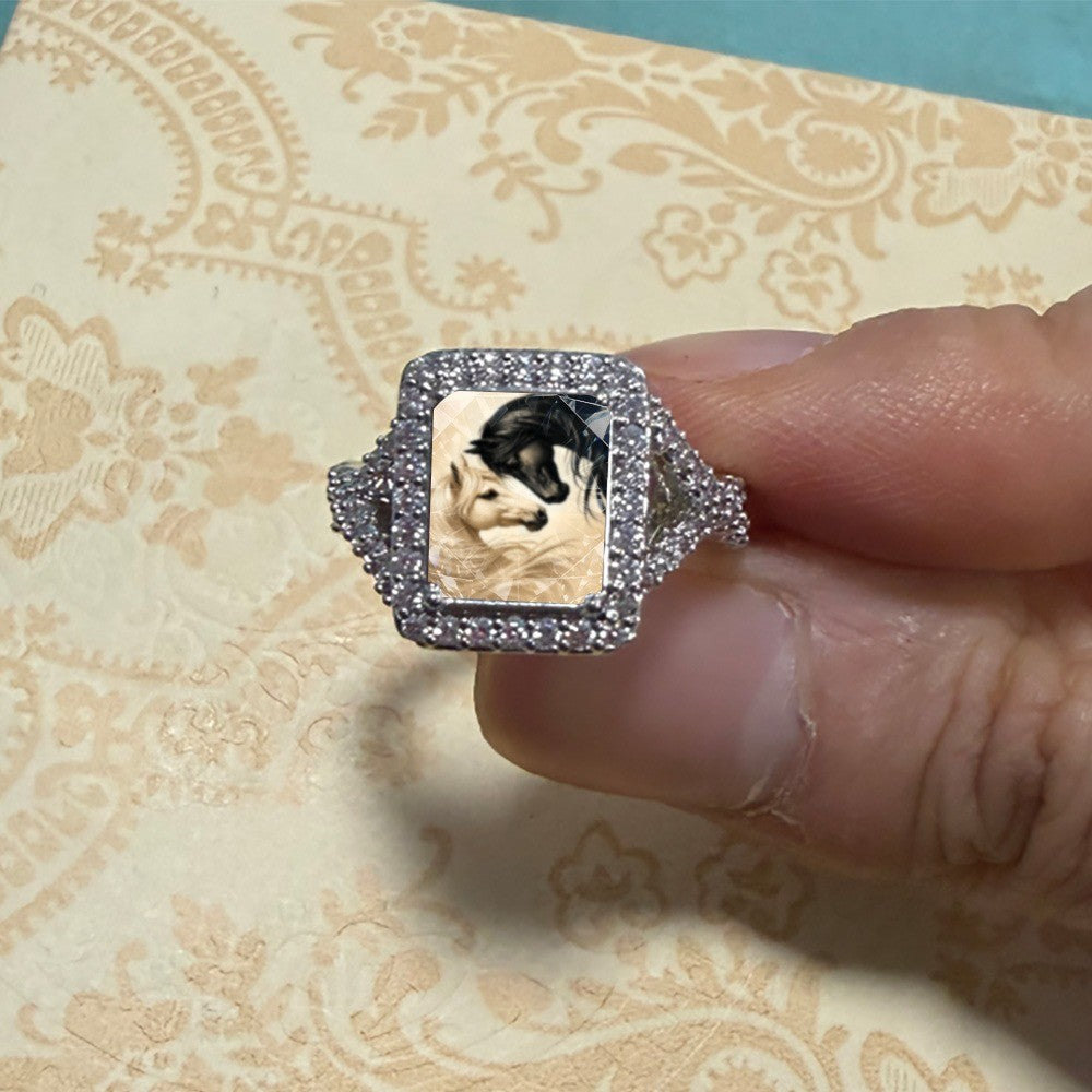 Black & White Horse Portrait Square Ring