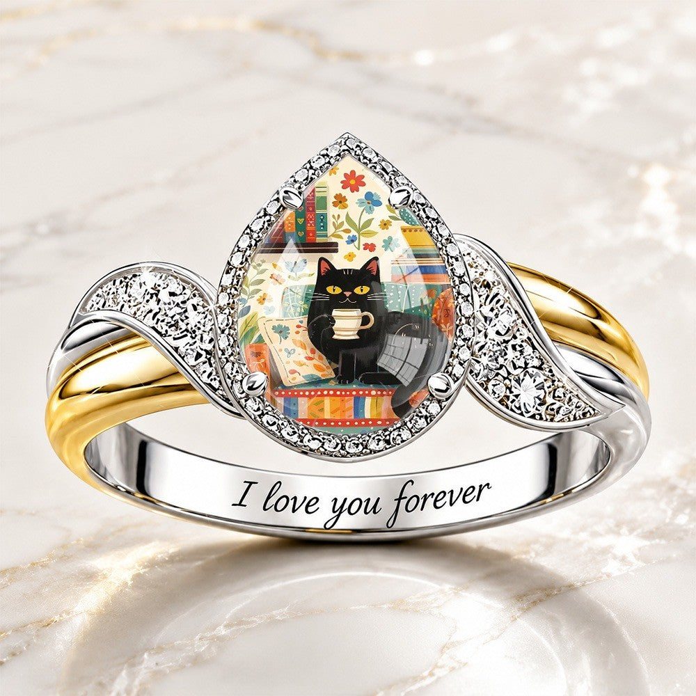 Black Cat Coffee Teardrop Ring