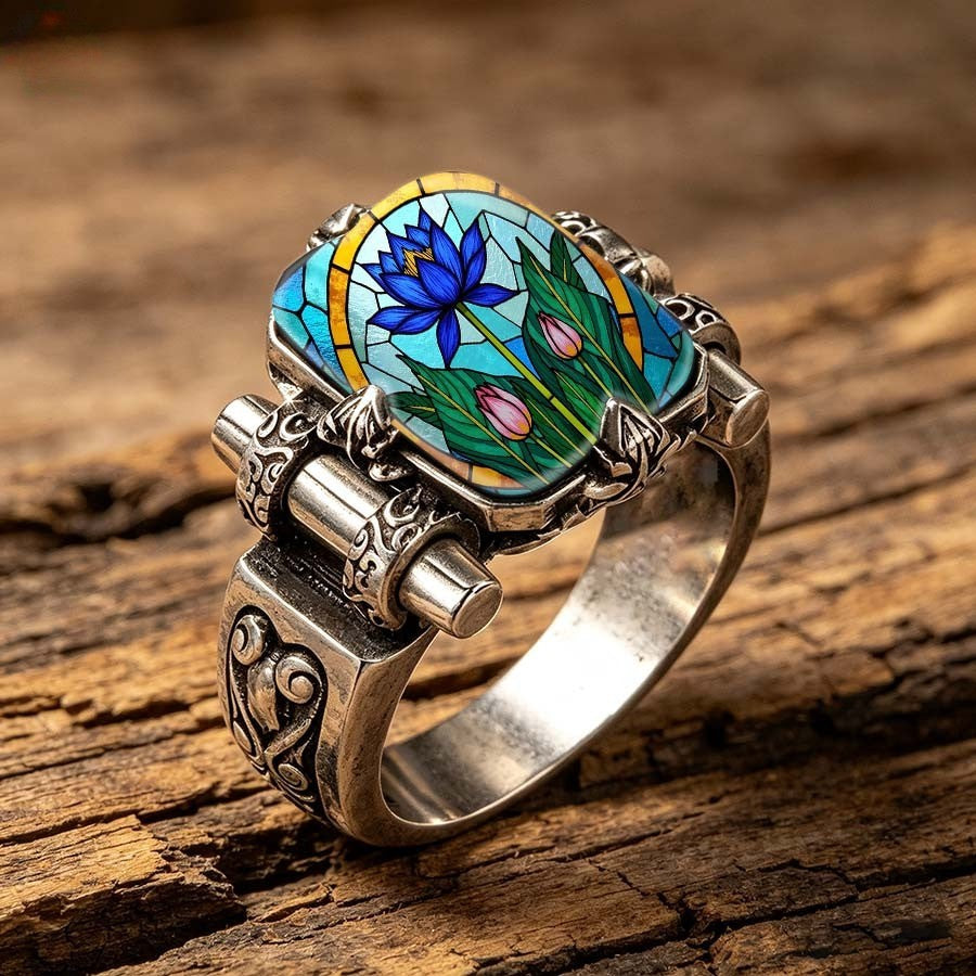 Blue Lotus Stained Glass Rectangular Ring