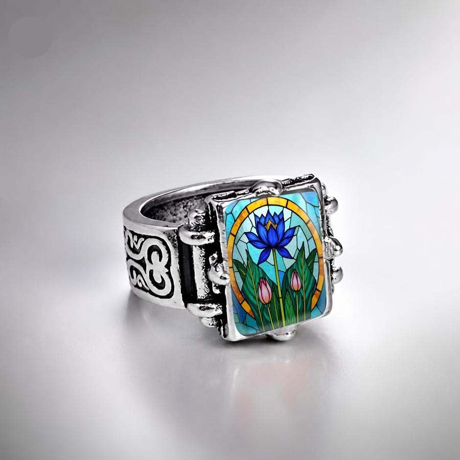Blue Lotus Stained Glass Rectangular Ring