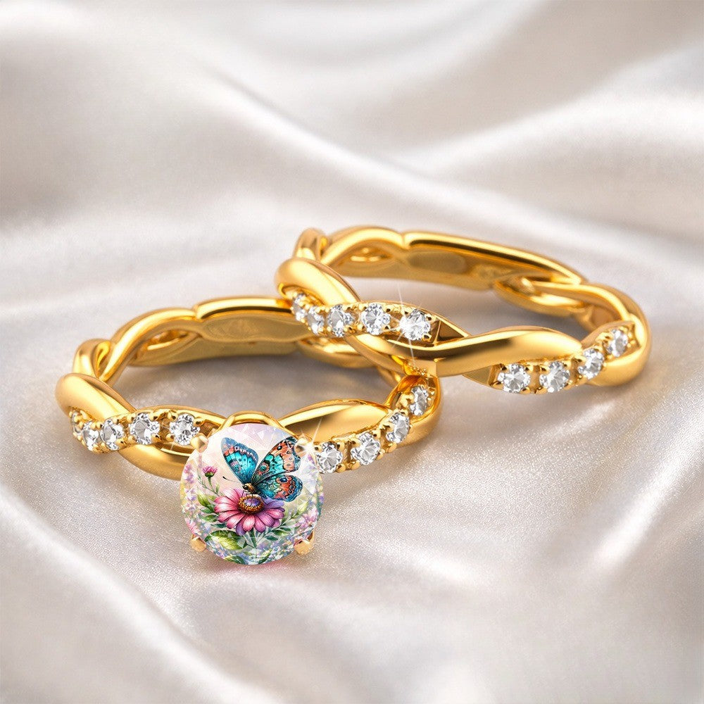 Butterfly & Flower Cabochon Twisted Ring