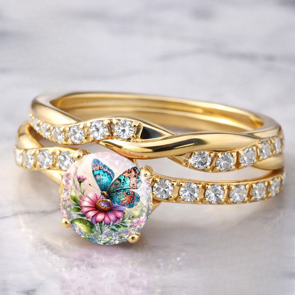 Butterfly & Flower Cabochon Twisted Ring