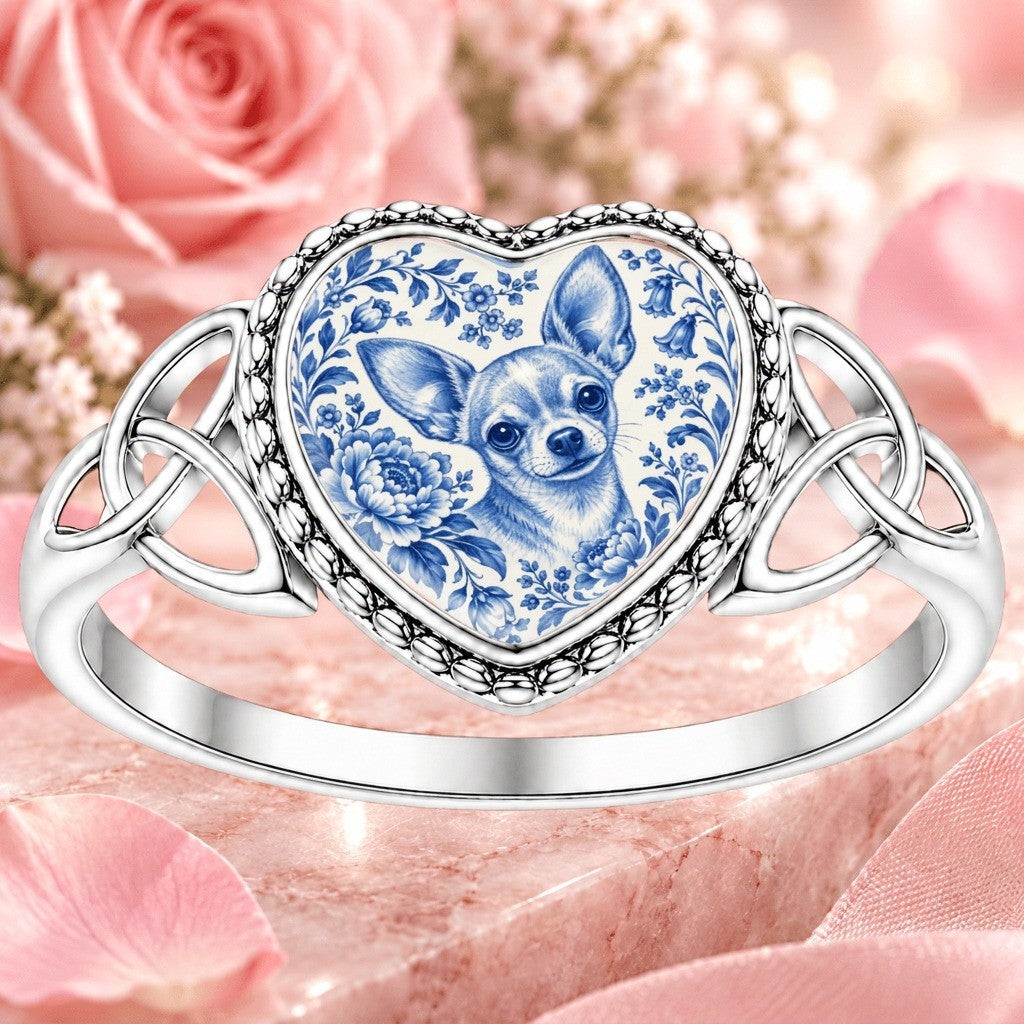 Blue Floral Chihuahua Heart Ring