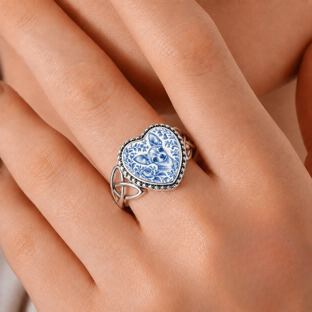 Blue Floral Chihuahua Heart Ring