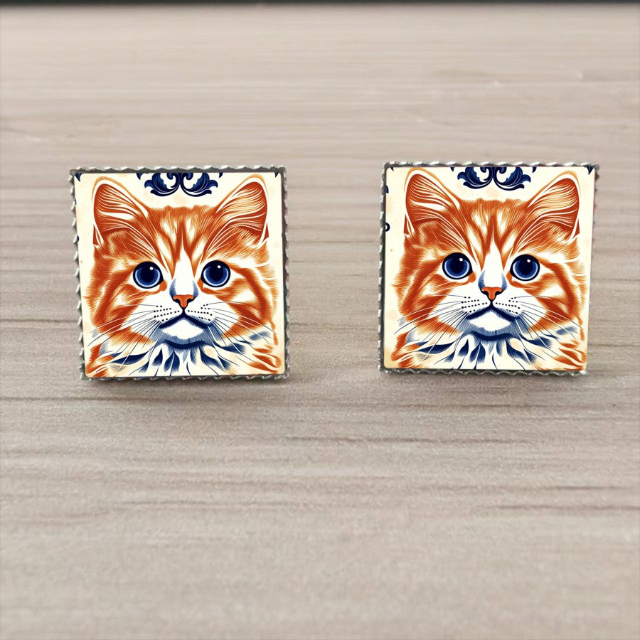 Orange Cat Square Stud Earrings