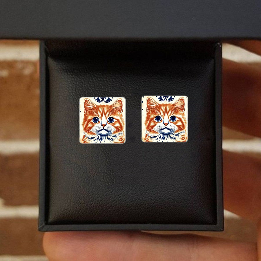 Orange Cat Square Stud Earrings