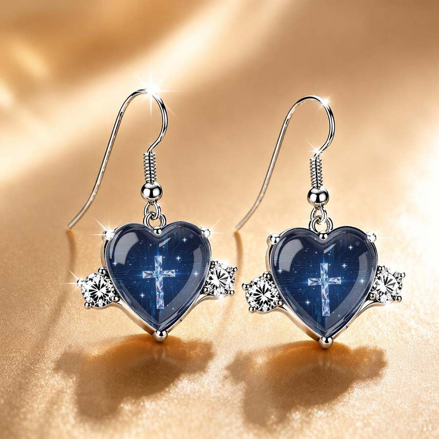 Blue Starry Night Cross Heart Earrings