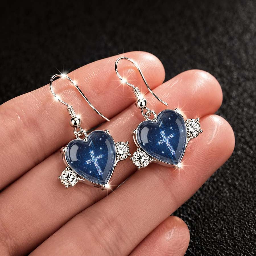 Blue Starry Night Cross Heart Earrings