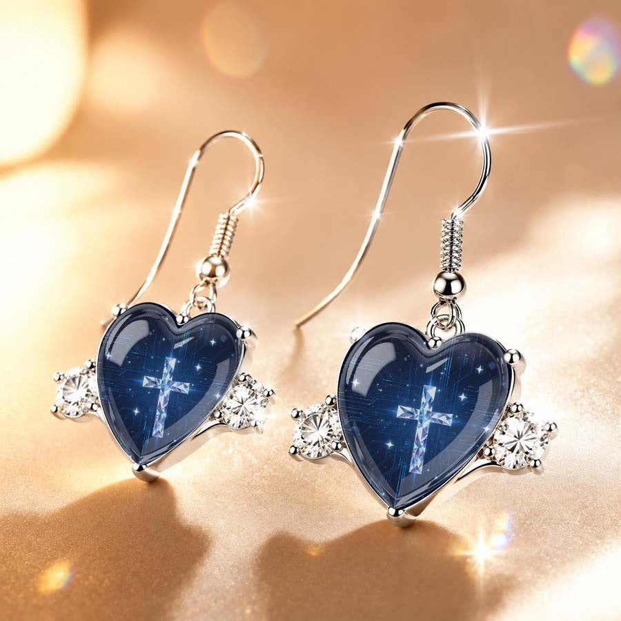 Blue Starry Night Cross Heart Earrings