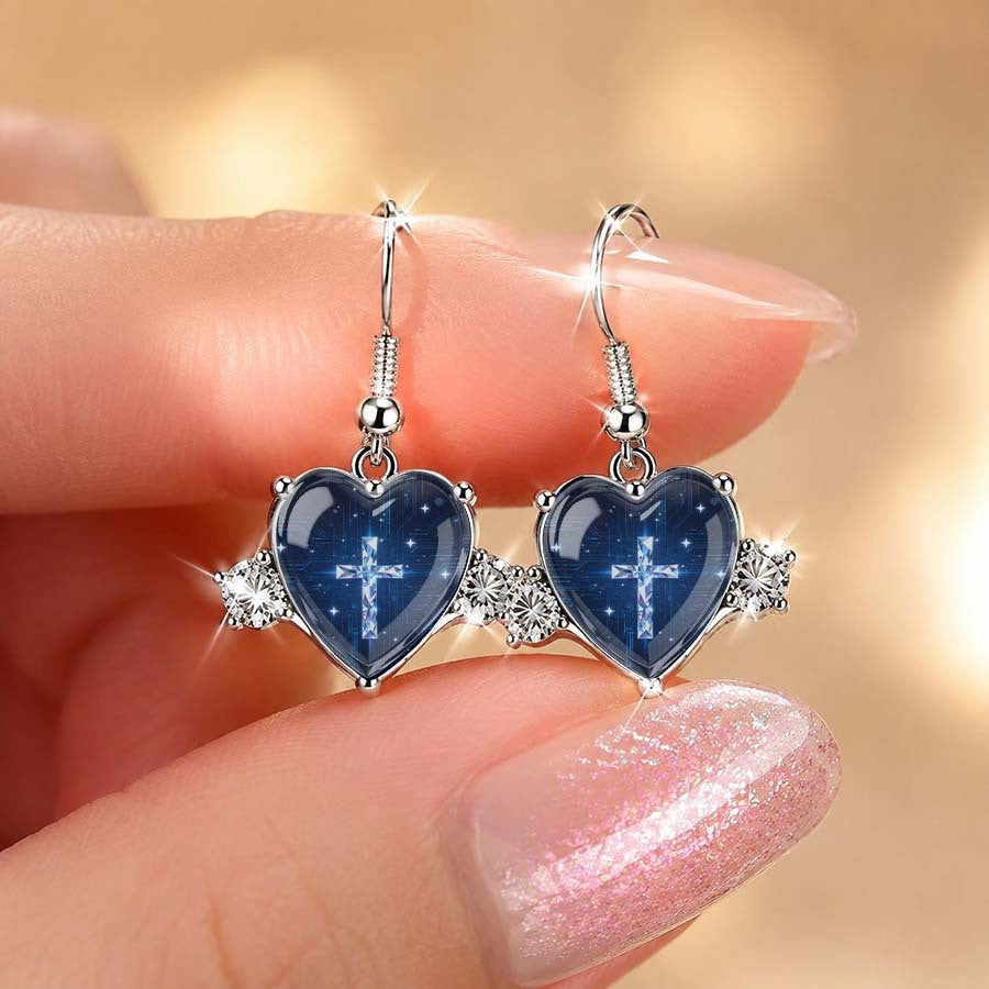 Blue Starry Night Cross Heart Earrings