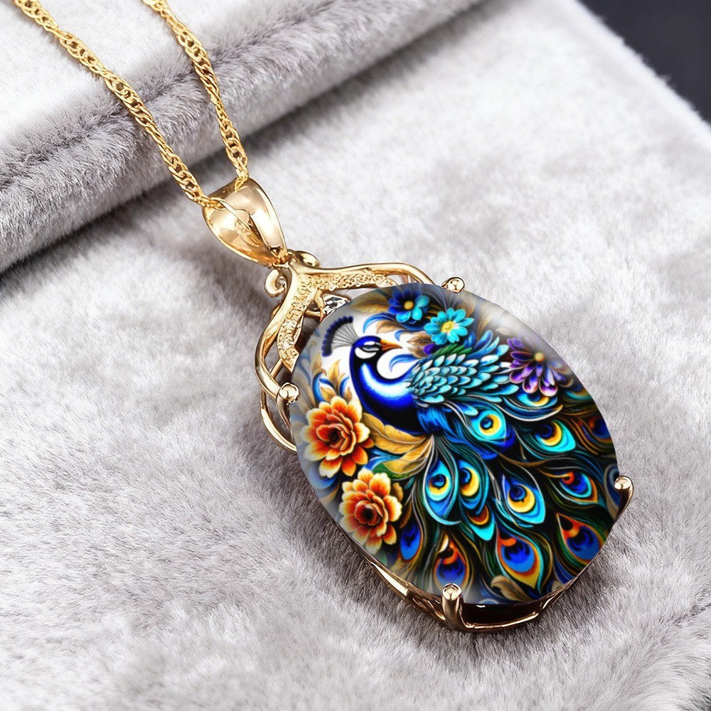 Vibrant Peacock Oval Pendant Necklace