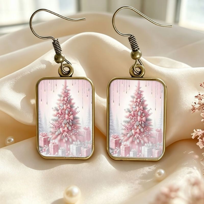 Pink Bow Tree Rectangular Earrings