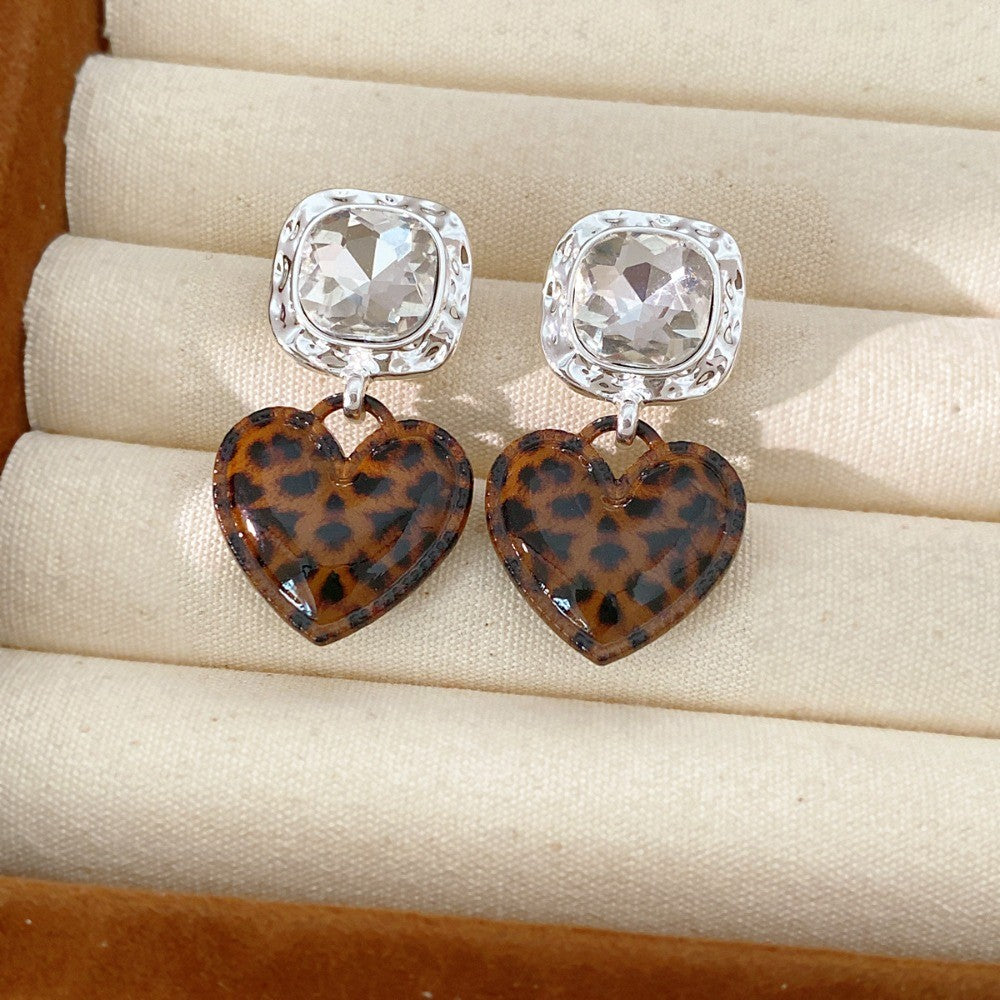 Square Crystal Leopard Heart Earrings