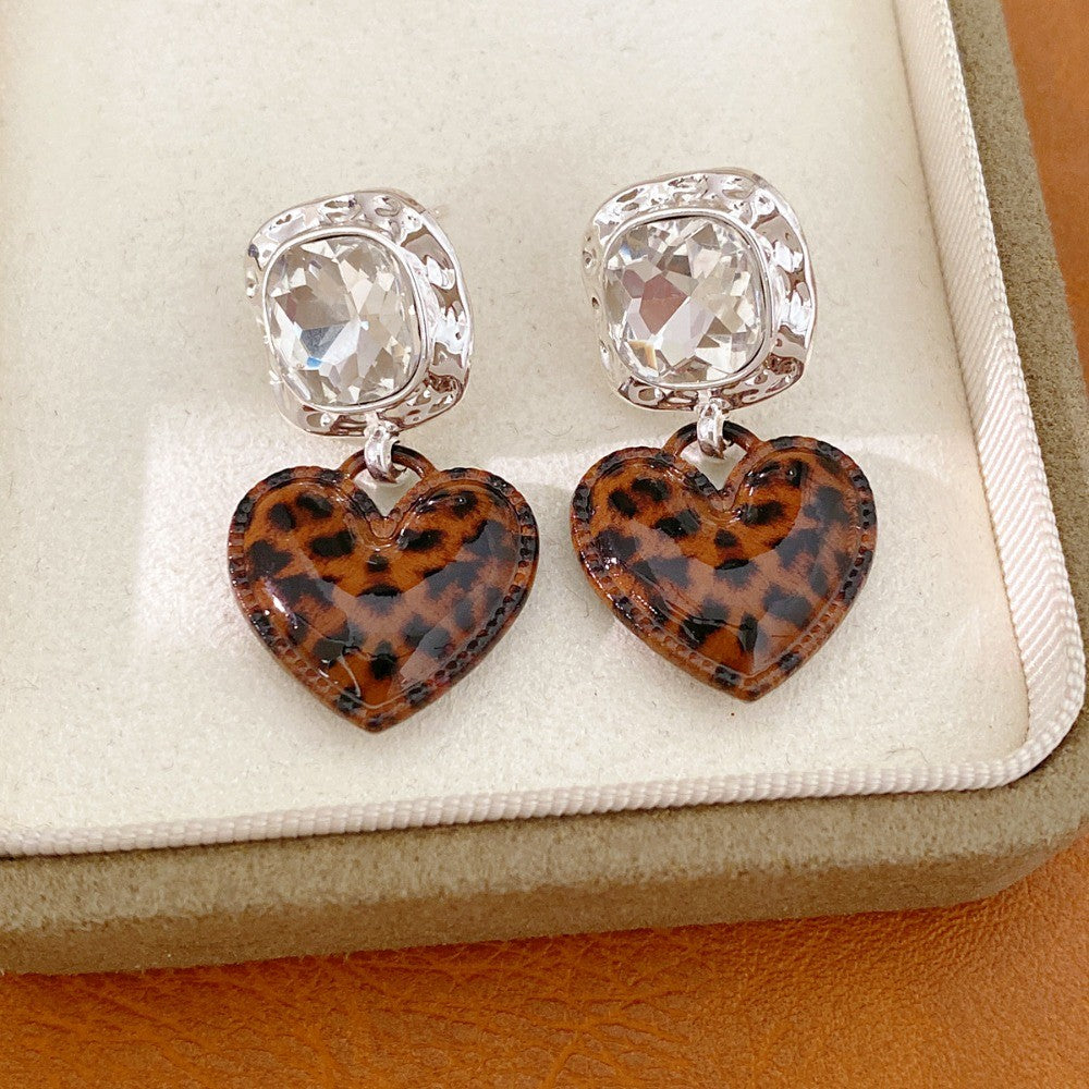 Square Crystal Leopard Heart Earrings