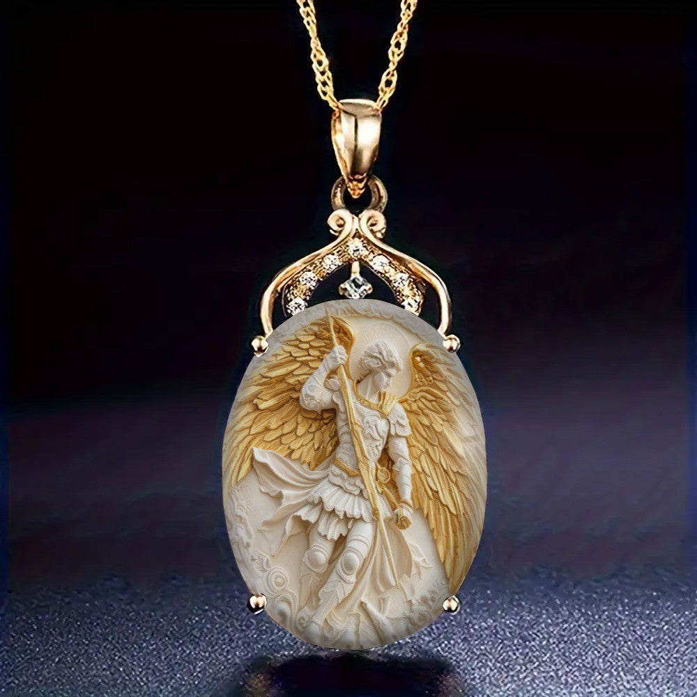 Carved Warrior Angel Oval Necklace