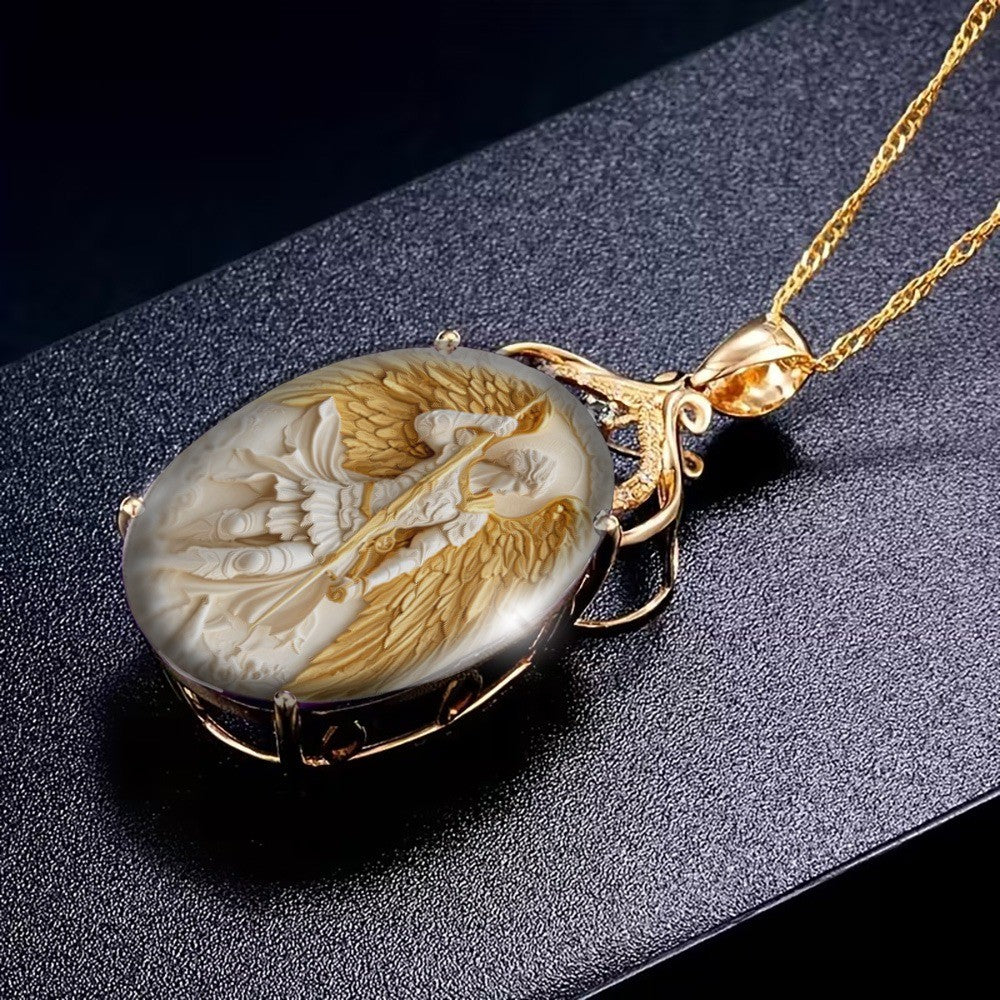 Carved Warrior Angel Oval Necklace