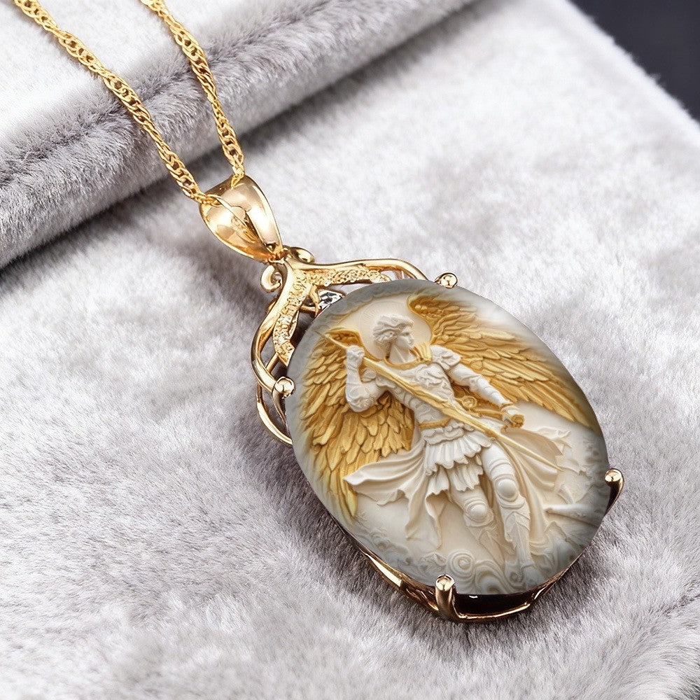 Carved Warrior Angel Oval Necklace