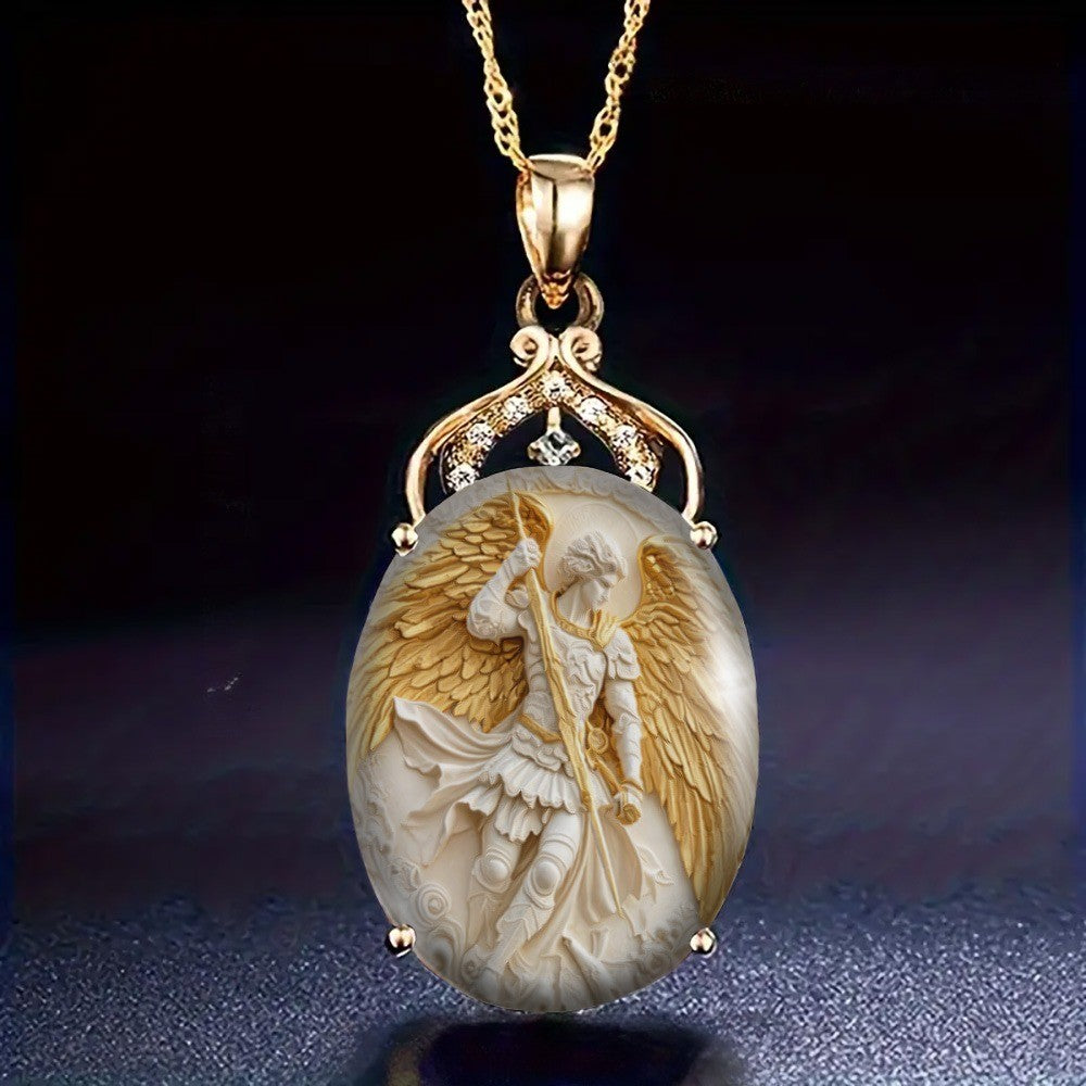 Carved Warrior Angel Oval Necklace