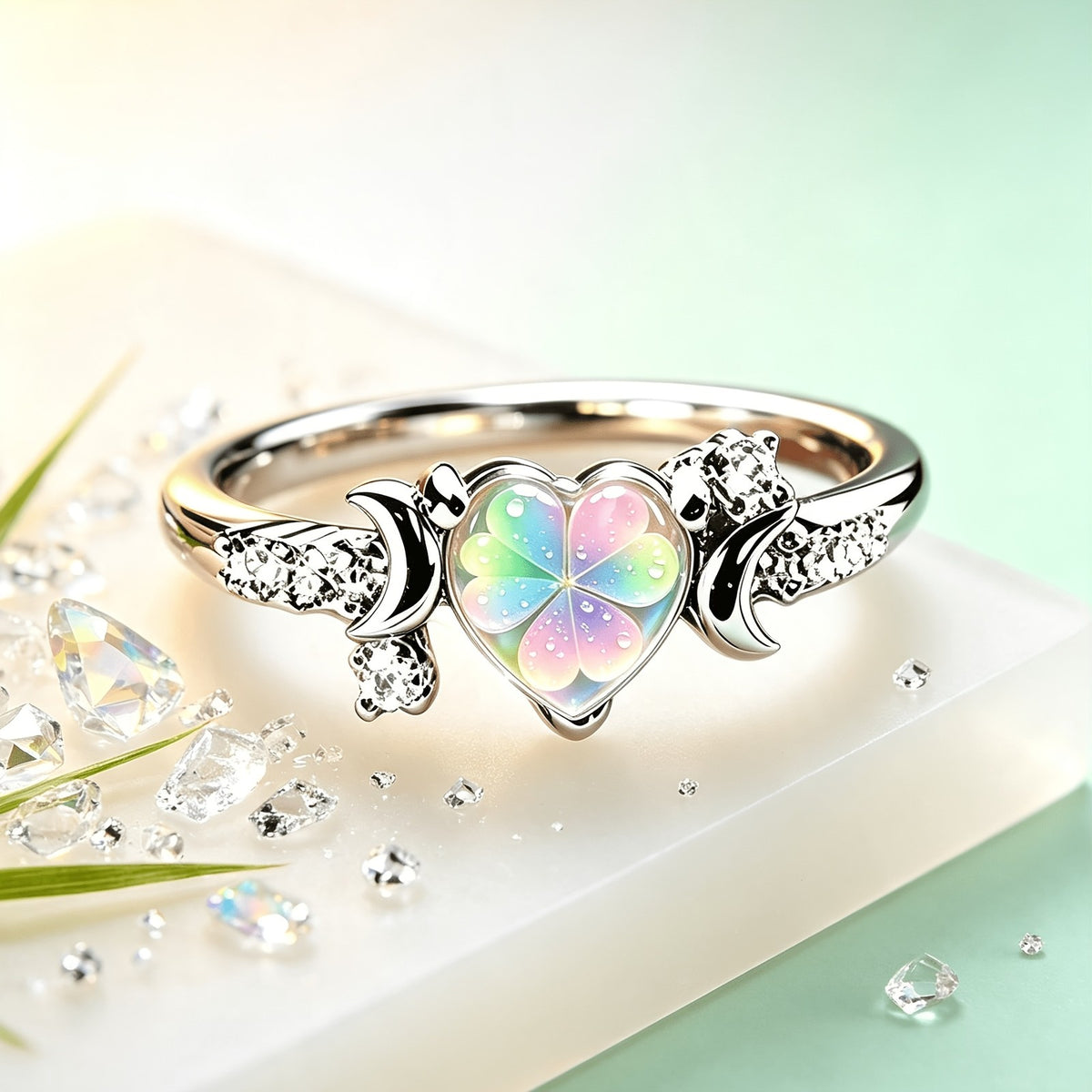 Rainbow Clover Heart Ring