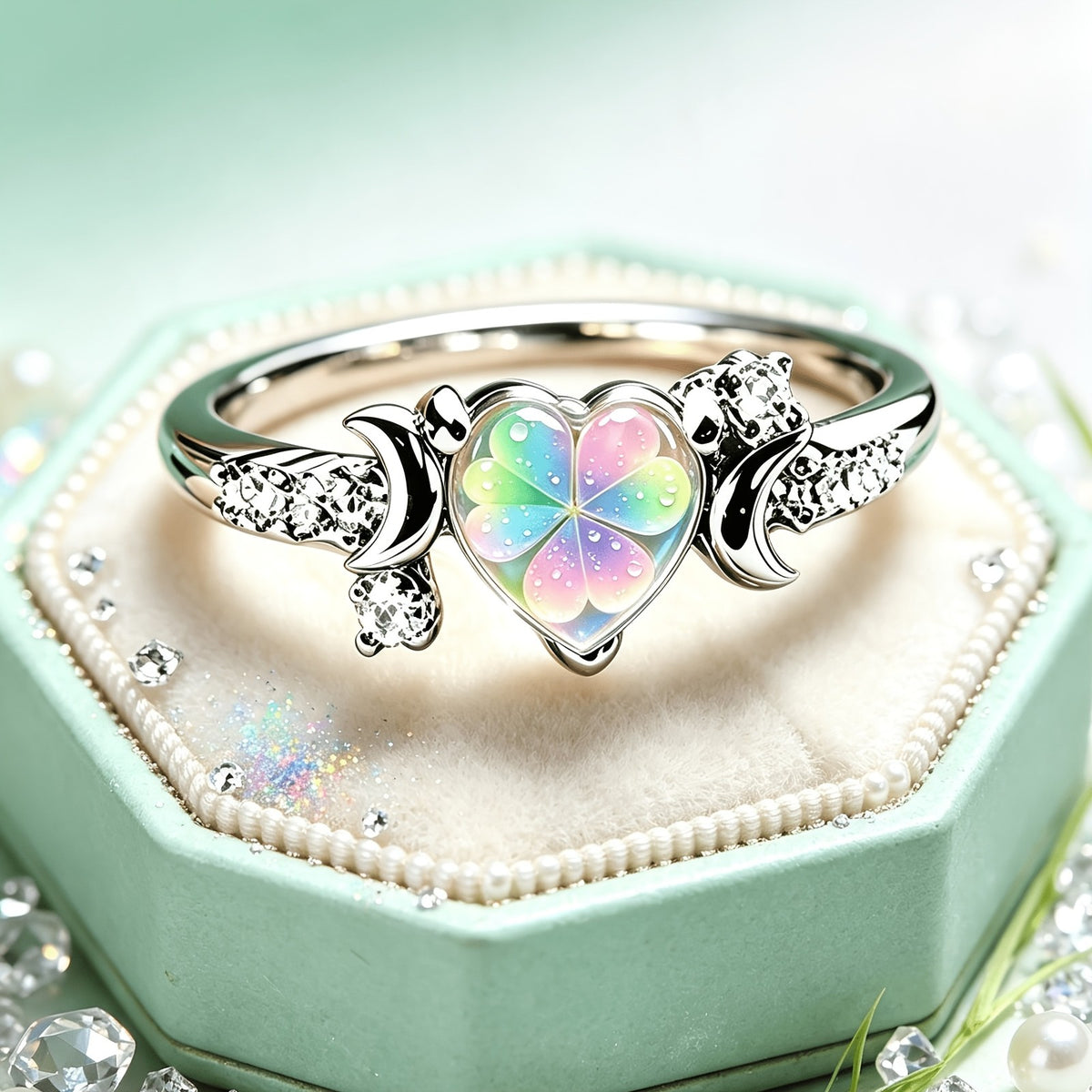 Rainbow Clover Heart Ring