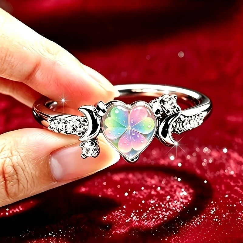 Rainbow Clover Heart Ring