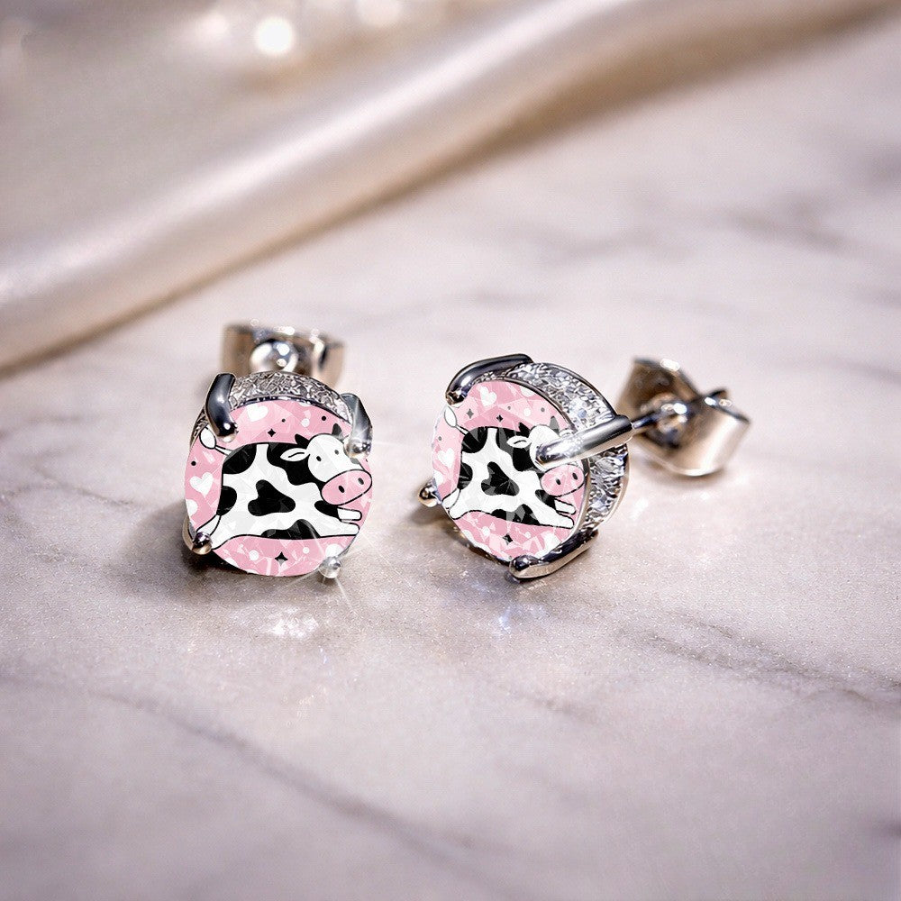 Pink Cow Crystal Stud Earrings