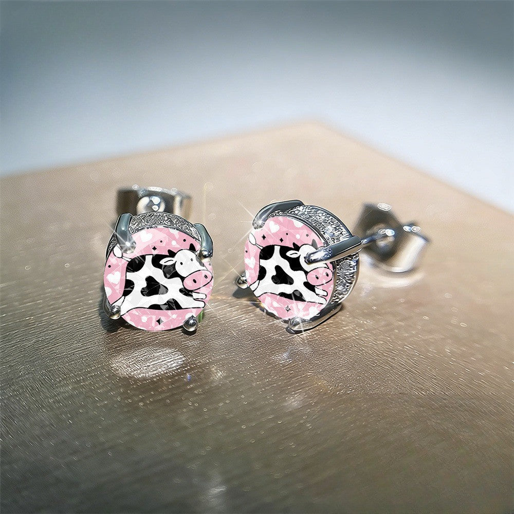 Pink Cow Crystal Stud Earrings