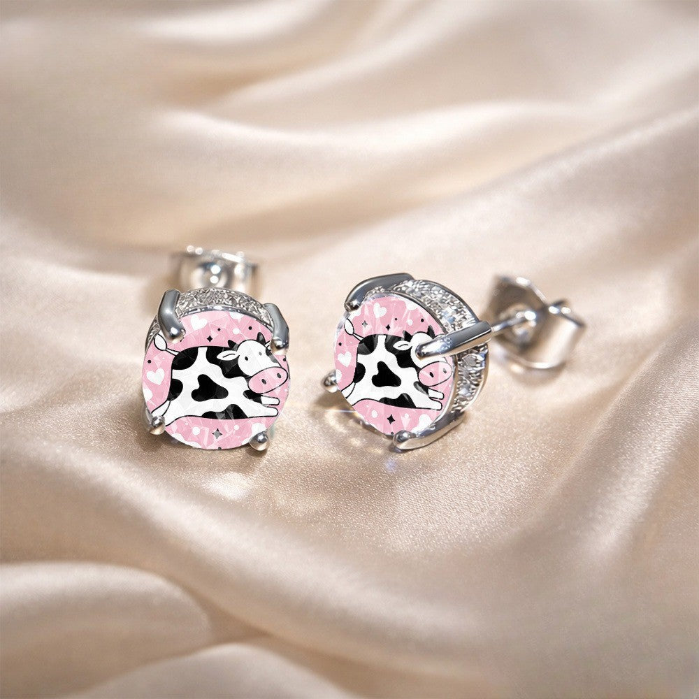Pink Cow Crystal Stud Earrings