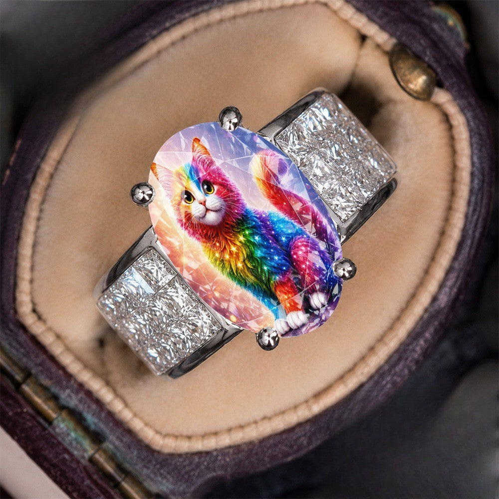 Rainbow Cat Oval Statement Ring