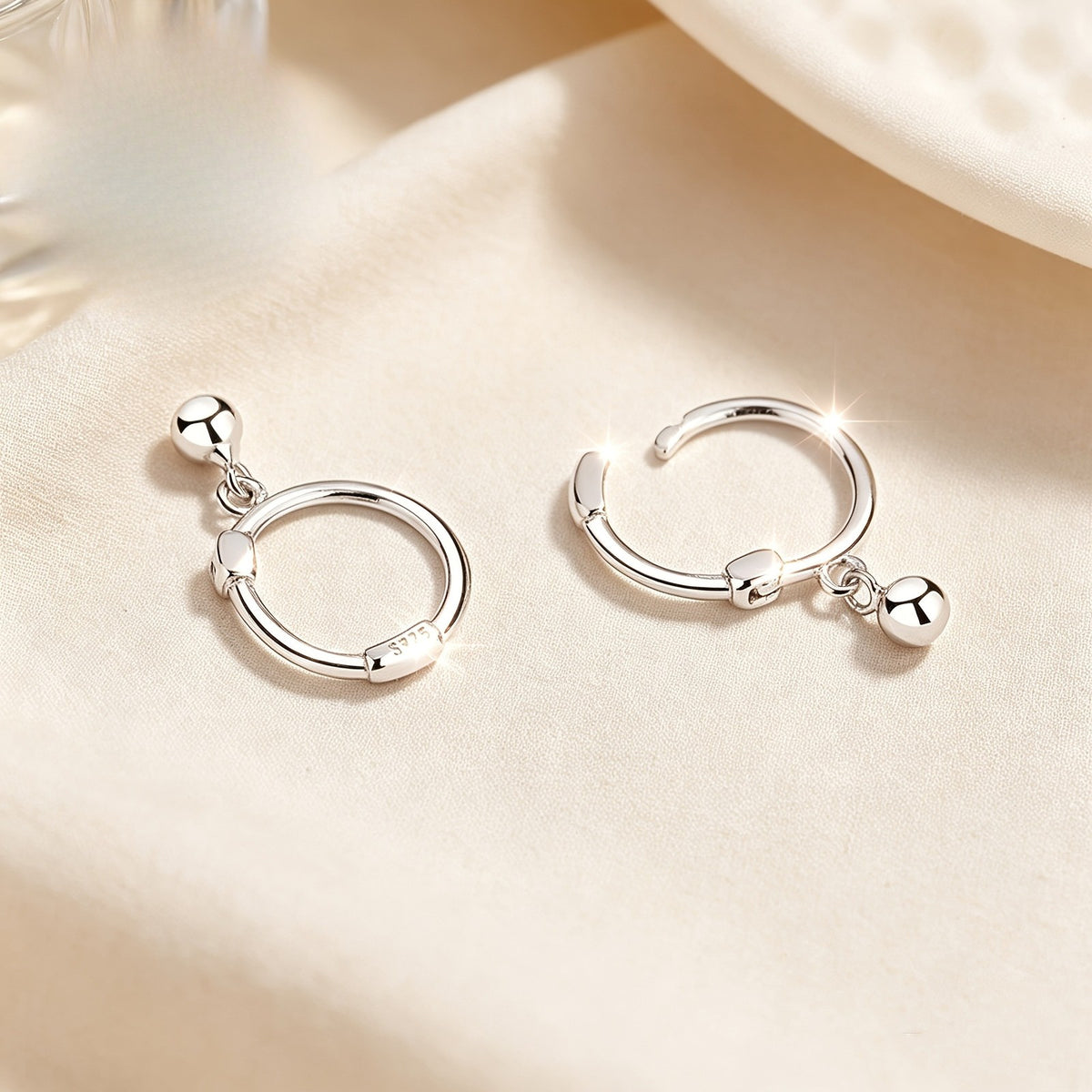 Round Bead Drop Hoop Earrings