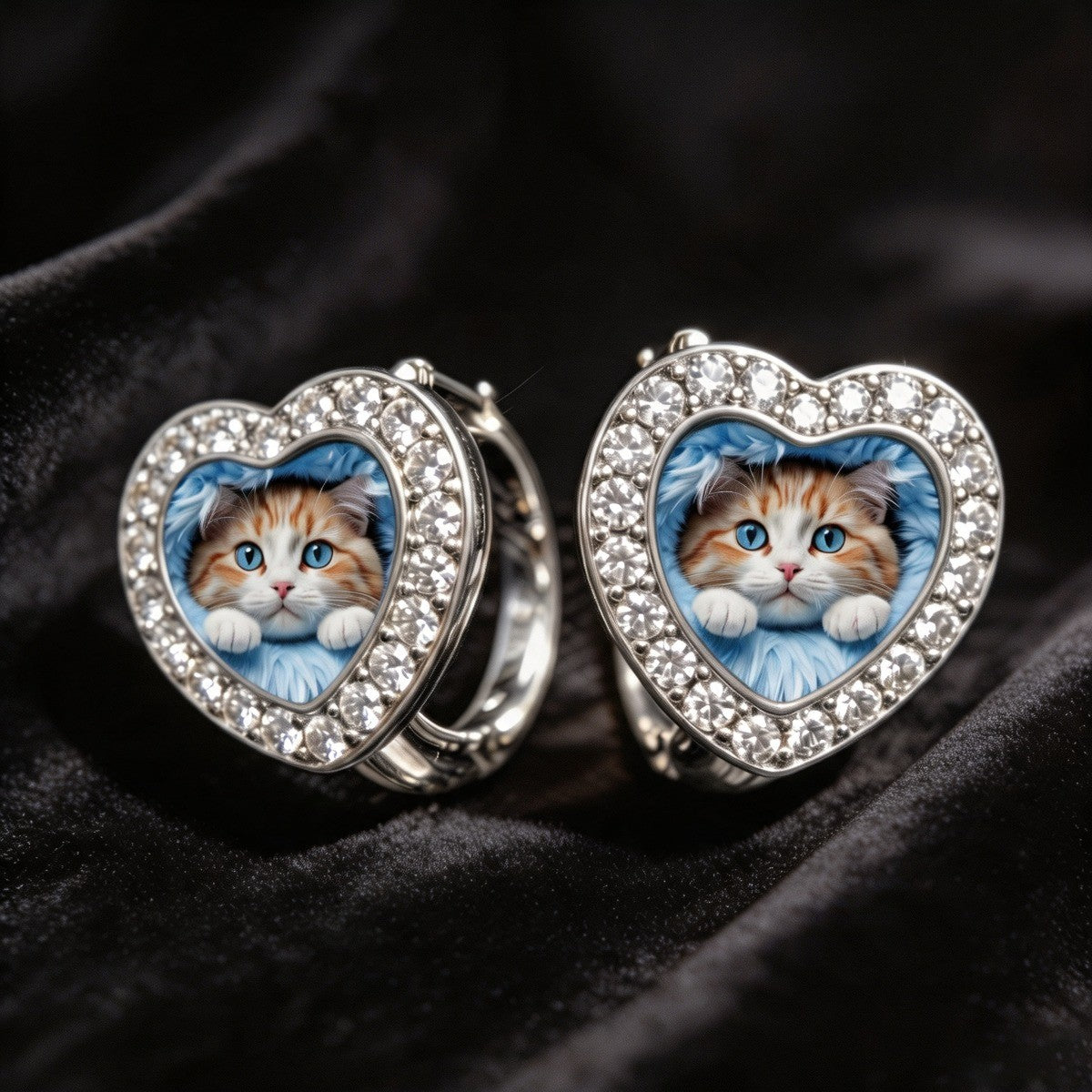 Crystal Kitten Heart Huggie Earrings