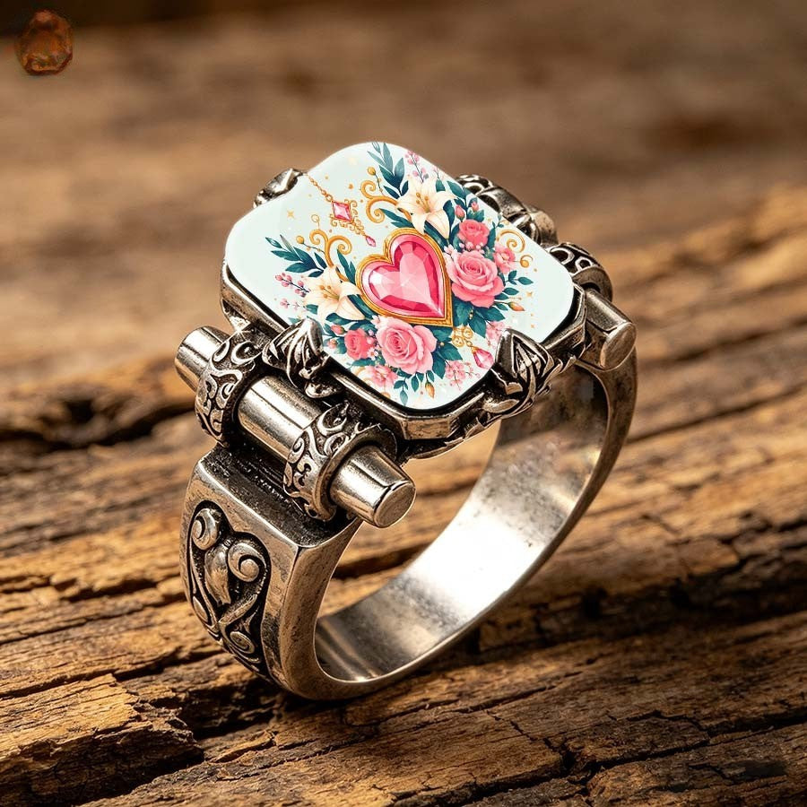 Pink Heart Floral Square Ring
