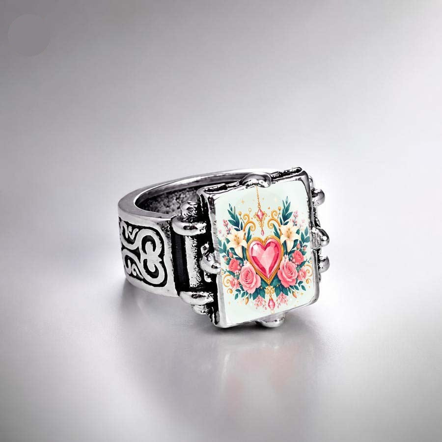 Pink Heart Floral Square Ring
