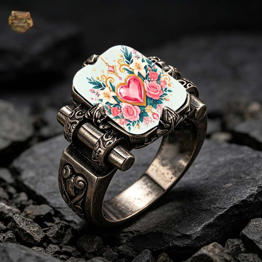 Pink Heart Floral Square Ring